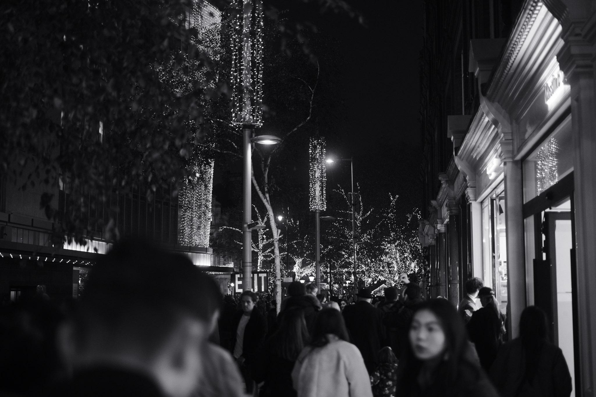 Nighttime Christmas lights on display in Chelsea, London