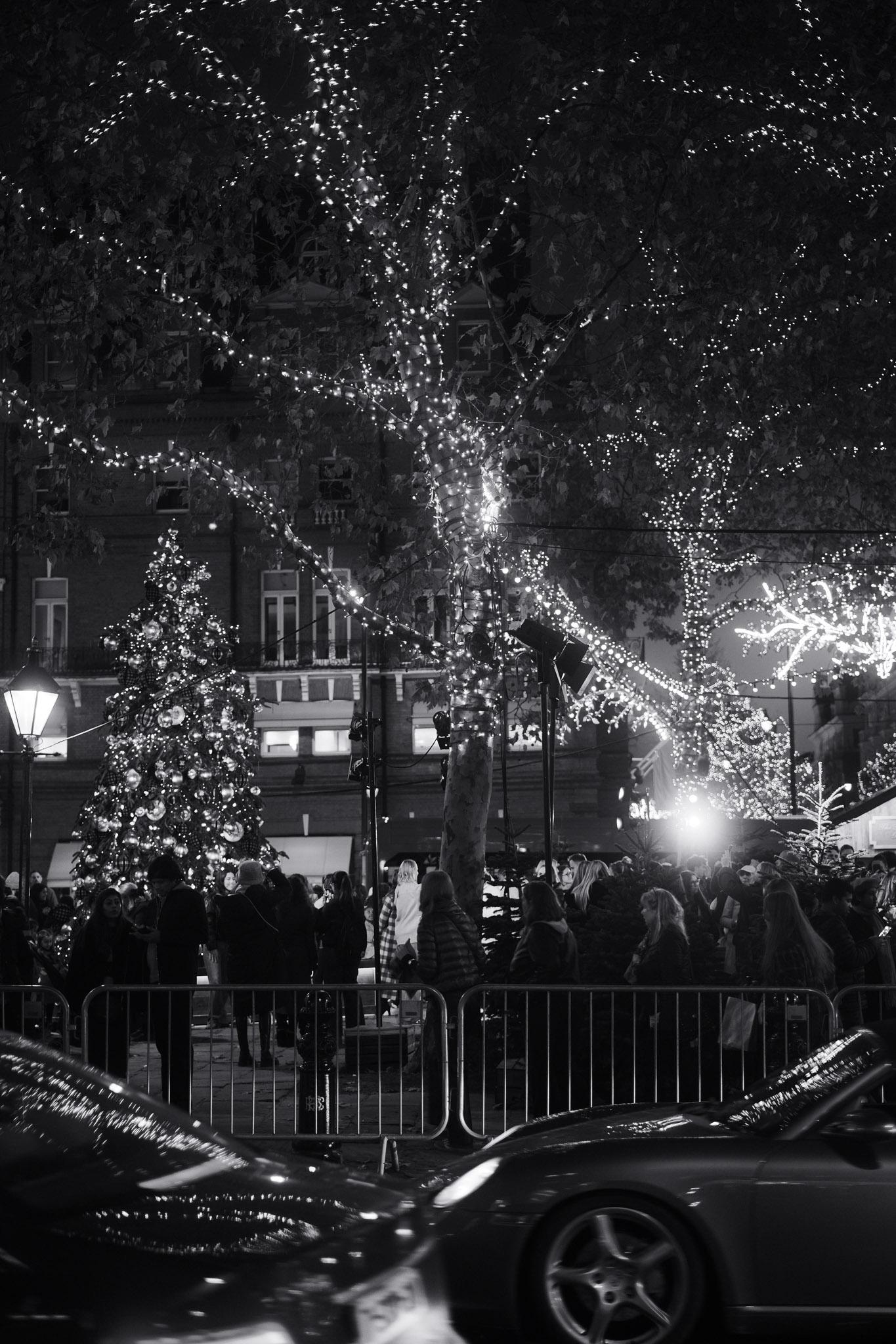Sloane Square in London at night with Christmas lights