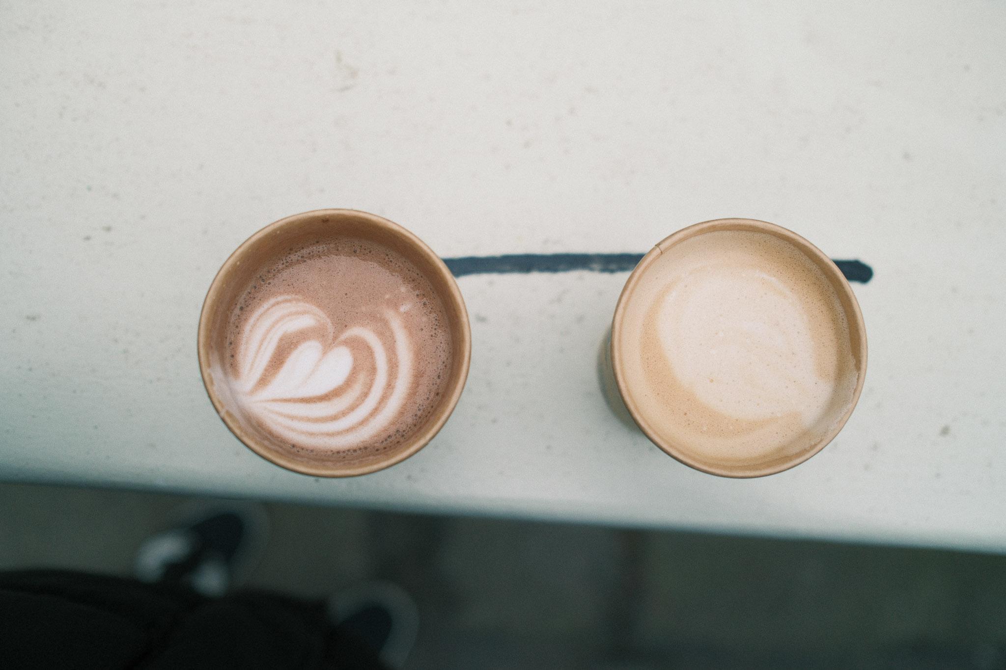 birdseye view of two hot drinks