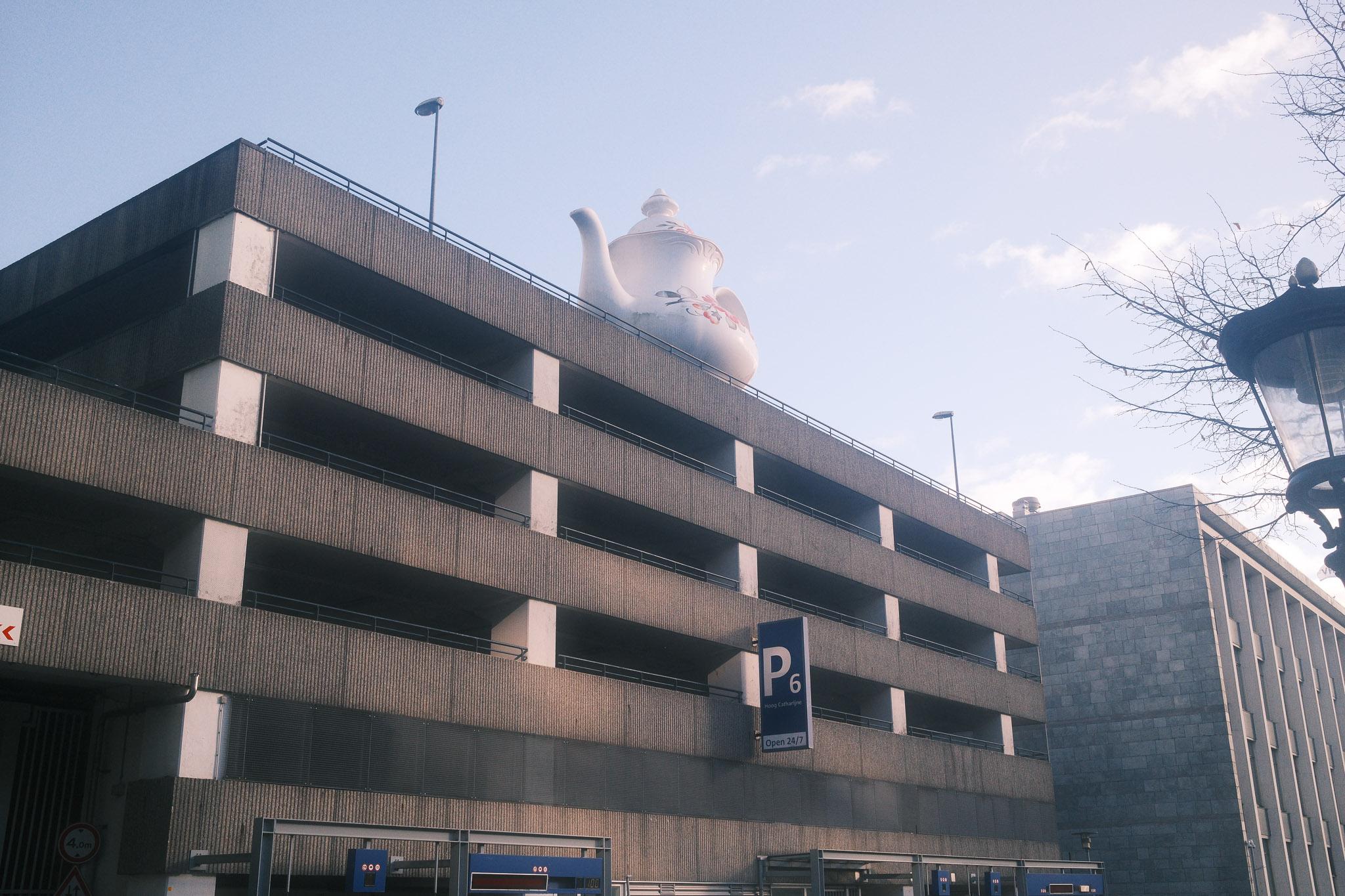 giant teapot on top of a multi-storey car park in Utrecht